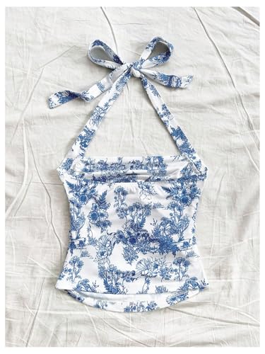 WDIRARA Women's Floral Print Halter Top Ruched Tie Backless Sleeveless Boho Crop Tops2