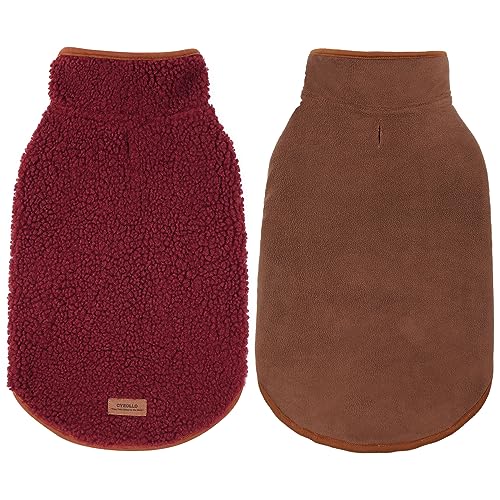 cyeollo Warm Dog Coat Fleece Sherpa Winter Sweater Coats, Turtleneck Dog Jacket Vest for Small Medium Large Dogs with Leash Hole, Soft Reversible Pet Coats for Cold Weather, Burgundy, L