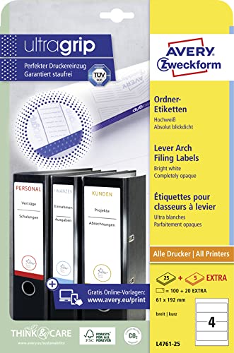 AVERY Zweckform L4761-25 Ordnerrücken Etiketten (120 Rückenschilder mit ultragrip, 61x192mm auf A4, breit/kurz, selbstklebend, absolut blickdicht, bedruckbare Ordneretiketten) 30 Blatt, weiß