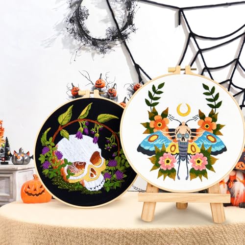 Image of Gothic Skull Embroidery Starter Kits for Beginners Adults, Halloween Stamped Cross Stitch Kit for Beginners Adults, Flowers Hand Embroidery Needlepoint Kit, 2 Embroidery Hoop (Attached Video Tutorial)