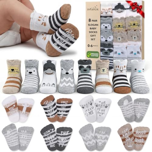 Image of infancie Organic Cotton Blend 8 Baby Socks 0–6M Non Slip Newborn Essentials | Oeko-Tex Certified, Ankle Socks, 8 Pairs, Baby Girl Socks, Boy Socks, Animal Design, Unisex Design, 0-6 Months, Snug ribb