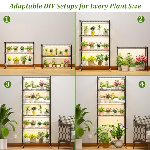 Image of Plant Shelf with Grow Light, DIY 6-Tier Plant Stand with Grow Light, Adjustable Rack and Wheels, 8 Pack 24 inch 192W T8 Full Spectrum Grow Lamp for Indoor Plants, Seed Starting, Vegetable, 29 inchx13.5 inchx73.5 inch