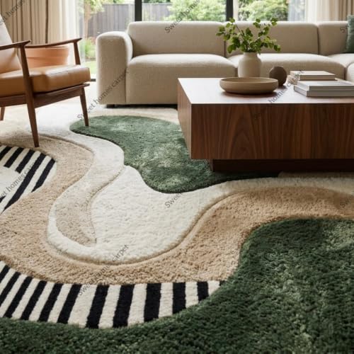 Image of SWEET HOMES Rug for Living Room, Checkered Area Carpets | Soft & Fluffy Irregular Carpet Anti-Skid Backing, 4 x 6 Feet (122 x 183 cm), Green Multi