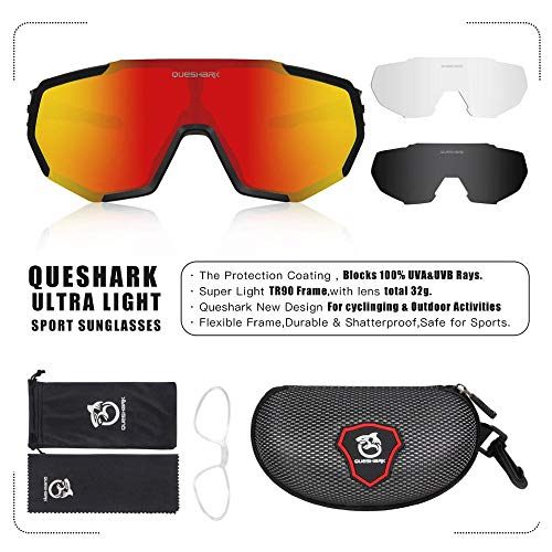 Queshark Lunettes de Cyclisme Vélo Polarisées TR90 Cadre Sports pour Hommes Femmes avec 3 Lentilles Interchangeables Anti-UV400 Vtt - Image 6