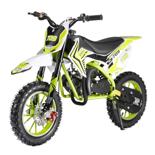 49cc 2 Stroke Gas Powered Mini Dirt Bike for Kids Youth, Off Road Motocross Motorcycle with Front Rear Disc Brakes, Pull Start System, 25MPH Max Speed and 330 lbs Load Capacity (Green-1)