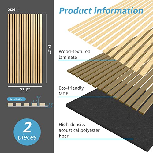 Image of Art3d 2-Pack Fluted Acoustic Wood Slat Wall Panel, 47.2 x 23.6 Inch, Oak