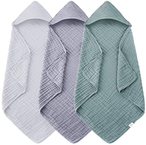 Image of Ease Cubs 3-Pack Muslin Hooded Baby Towels, 100% Cotton, Ultra-Soft & Absorbent Baby Bath Towels with Hood for Babies, Infant, Toddler and Newbron (Grey, Green and Slate,32" x 32")