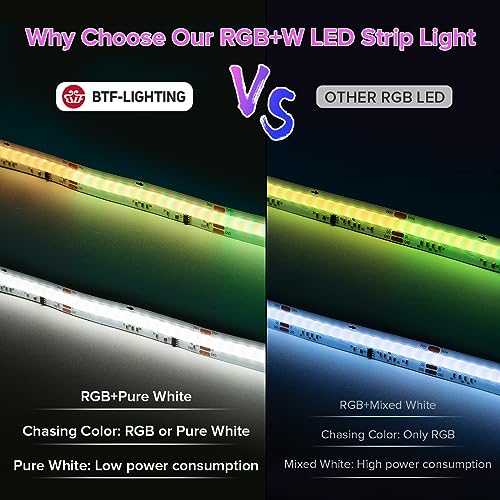 Image of BTF-LIGHTING FCOB COB LED Strip WS2814 IC RGBW 3000K Flexible High Density Color Chasing Uniform Light 16.4FT DC24V 896LED /m 16IC /m 12mm Width for Home DIY Lighting Projects(No Adapter or Controller)