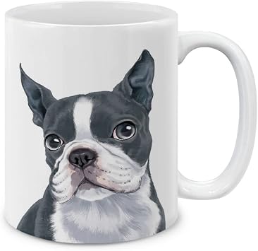 MUGBREW Cute Boston Terrier Blue and White Dog Ceramic Coffee Mug Tea Cup, 11 OZ