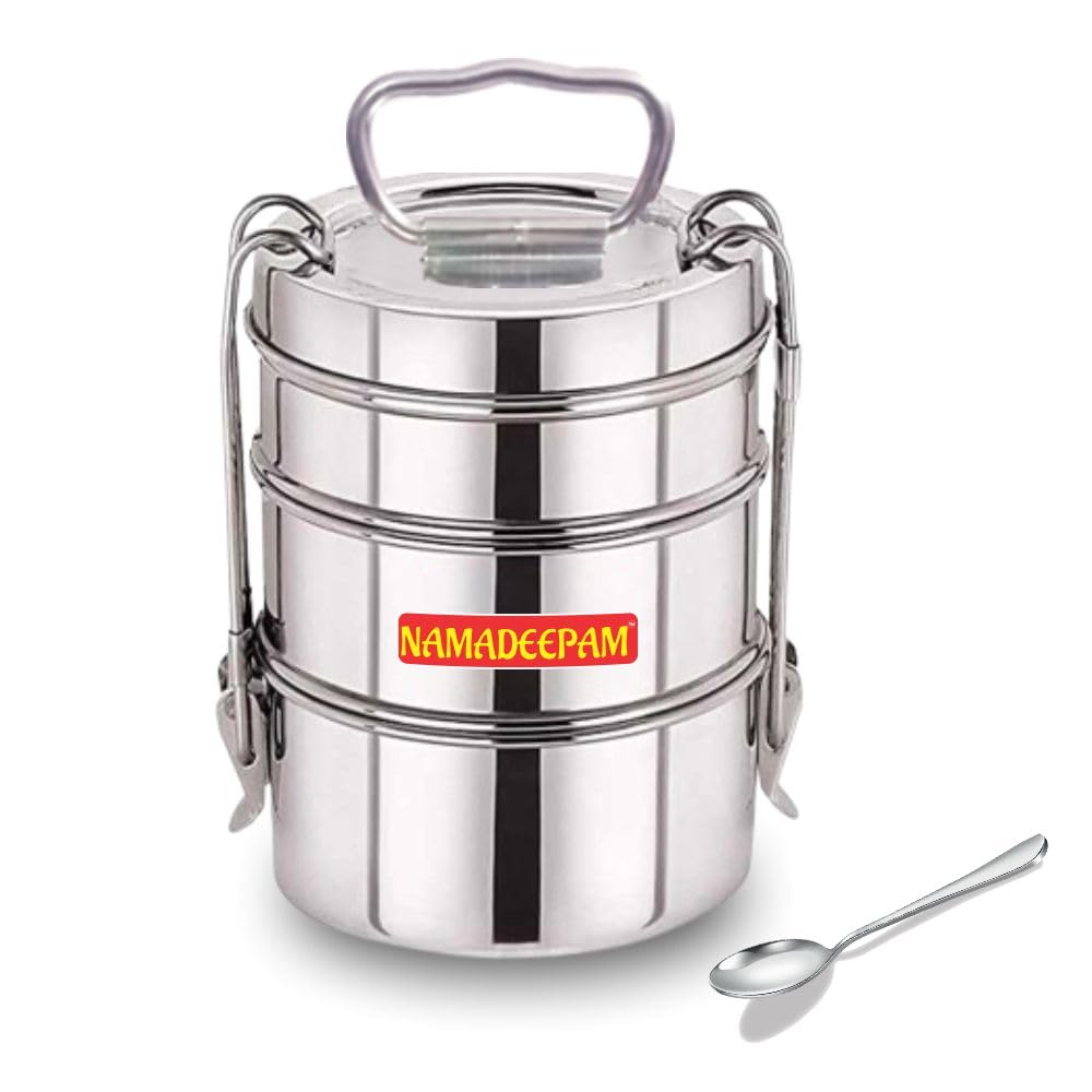 Namadeepam Stainless Steel 3 Compartment Lunch Box/Tiffin Box with Spoon for School, College, Office & Travel. 1200ml Capacity (Each Container- 400ML)