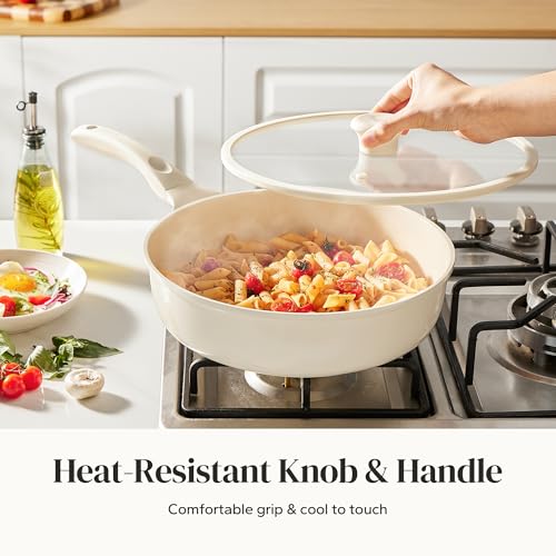 Image of Redchef Nonstick Deep Frying Pan with Lid, Ceramic Saute Pan Skillet, PFOA PFOS Free, Induction Compatible, Stay-Cool Helper Handle, Tempered Glass Cover, Dishwasher Safe, Beige (3.7Qt, 10 inch)