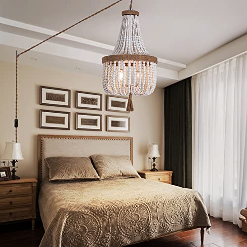 Kaerdi Wood Beaded Bohemian Chandelier Plug In Pendant Light Fixture With 16.4Ft Swag Cord White Finish For Dining Room Kitchen Island Bedroom Living Room Girl Room, 4-Light… #TOP1