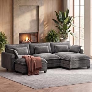 Marsail 110.6″ Modular Sectional Sofa, 5-Seat Chenille Couch with Deep Seat, Ottoman & Throw Pillows, U-Shaped Couch for Living Room, Grey