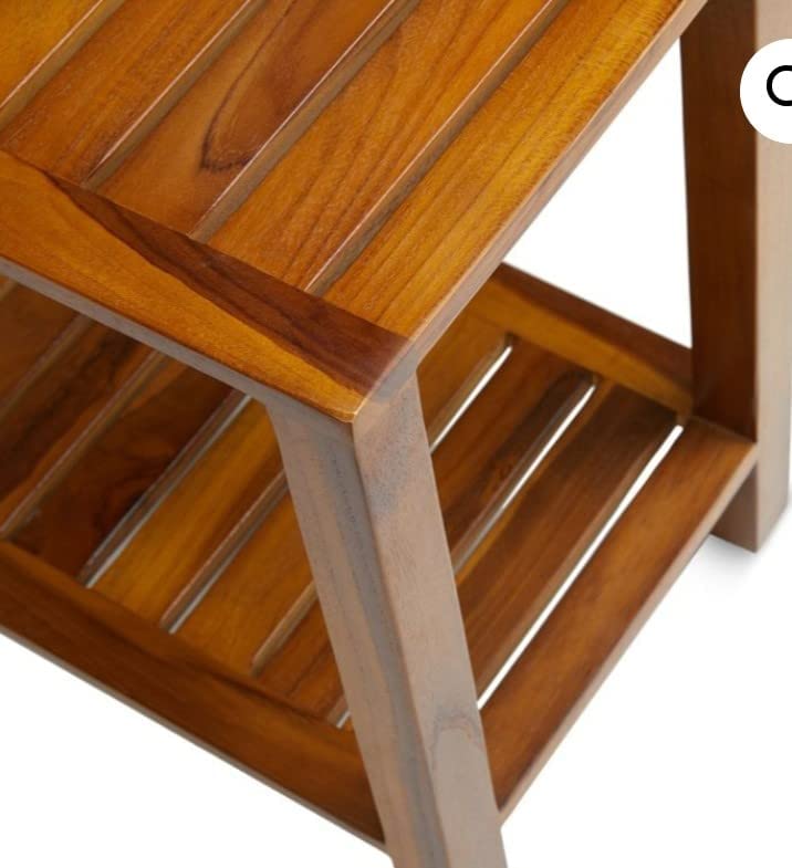 SHRAV Teak Wooden Indoor/Outdoor Stool Bench with Bottom Shelf for Living Room and Kitchen (40D x 30W x 30H cm) 2