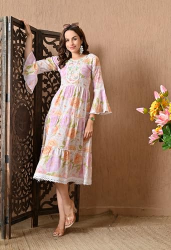 Image of LIBOZA 100% Cotton Floral Print Tiered Midi Dress, Bell Sleeves, Lace Trim Detail, White and Multicolour for Women, Office, Party, All Occassions