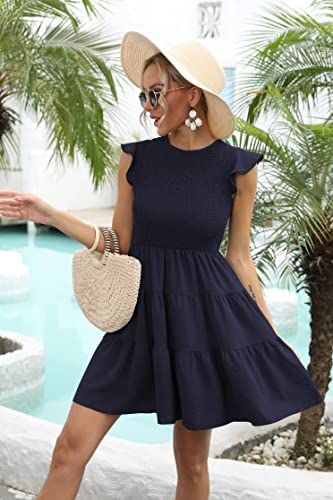 Women's Summer Casual Flutter Sleeve Tiered Dresses Crew Neck Smocked Elastic Waist Flowy Mini Dress4