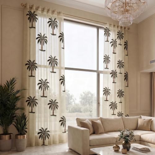 Image of LINENWALAS Cotton Linen Printed Sheer Curtain Set of 2 Panels with Eyelet Hanging, Palm Tree Printed Window Curtains Non Blackout Light Filtering Curtains (5 Feet, Natural Palm Tree)