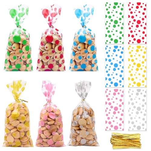 100 Piezas Bolsa de Dulce Transparentes, Lunares Bolsa de Celofán 12,5x27,5 cm, Bolsas de Galleta Regalo, Bolsitas de Plastico con Lazos para Chuches Envolver Chocolates