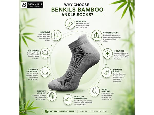 Image of BENKILS Bamboo Ankle Socks for Men & Women | Ultra-Soft, Odour-Free and Breathable | Padded Base and Anti-bacterial | 3X Softer than Cotton | Free Size Regular Socks.