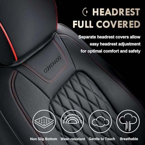 Image of Coverado Leather Seat Covers Full Set for Ford F150F250F350F450(2015-2026)Waterproof Automotive Cushion Covers for Pick-Up Trucks Custom Fit for F150 SuperCrew&F250-F450 Super Duty Crew Cab(Red Line)