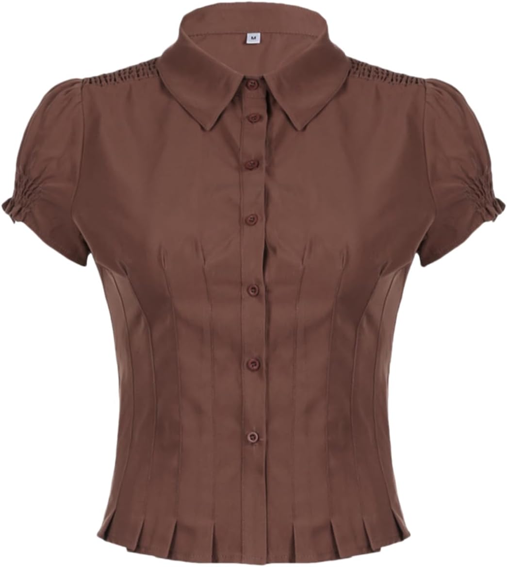 Women's button up shirt, teenage girls' bubble sleeves, pleated polo collar, short sleeved top, brown
