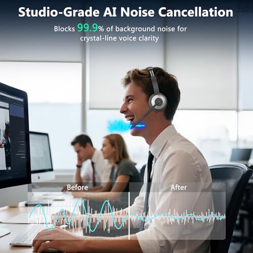 Image of Wireless Headset with Microphone, AI Noise Cancelling Headset for Office | V6.0 Bluetooth Headset with Mute & Charging Base, Computer Headphones 36H Work, Call Center /PC /Phone /Laptop /Teams