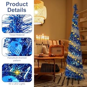 Huray Rayho Hanukkah Decorations for Home Pop-up Collapsible Christmas Tree with 50 Lights Tinsel Pencil Tree with Menorah Star of David Chanukah Indoor Outdoor Party Decor Fireplace Porch Office 5FT Huray Rayho Hanukkah Decorations for Home Pop up Collapsible Christmas Tree with 50 Lights Tinsel Pencil Tree with Menorah Star of David Chanukah Indoor Outdoor Party Decor Fireplace Porch Office 5FT