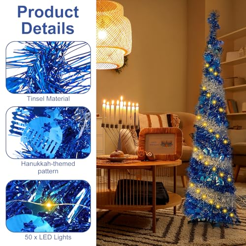Huray-Rayho-Hanukkah-Decorations-for-Home-Pop-up-Collapsible-Christmas-Tree-with-50-Lights-Tinsel-Pencil-Tree-with-Menorah-Star-of-David-Chanukah-Indoor-Outdoor-Party-Decor-Fireplace-Porch-Office-5FT Huray Rayho Hanukkah Decorations for Home Pop up Collapsible Christmas Tree with 50 Lights Tinsel Pencil Tree with Menorah Star of David Chanukah Indoor Outdoor Party Decor Fireplace Porch Office 5FT