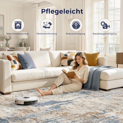 DMOYEST Teppich Wohnzimmer 150x200cm Blau Beige Modern Abstrakt Waschbar – Ansicht 4
