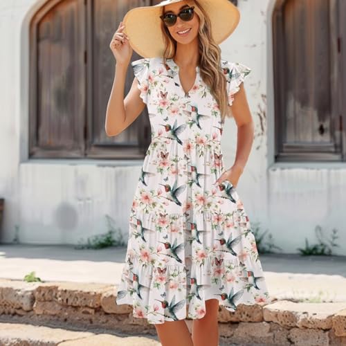 Image of Women's Casual Ruffle Sleeve Dress V Neck Pullover Dress Flowy A-Line Pleated Lightweight Dress with Pockets