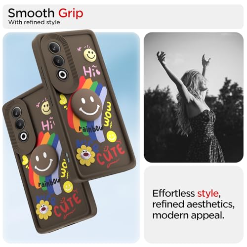 Image of Pikkme Back Cover for OnePlus Nord CE 4 5G | Soft Silicone| Cute Rainbow Smile & 3D Cartoon Flower Design | Shockproof Raised Camera Protection Bumper Case (Brown)