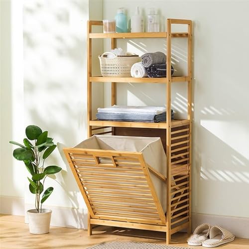 Bamboo Laundry Hamper Cabinet - Tilt-Out Basket with Open Shelf for Organised Storage in Bathroom, Bedroom, and Laundry Room