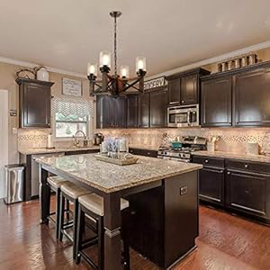 Wood Farmhouse Rustic Chandelier 4 Lights with Glass Shades, 22.8 inches Industrial Dinning Table Pendant Lamp Vintage Edison Hanging Light Fixture, Brown & Black, C0075 Wood Farmhouse Rustic Chandelier 4 Lights with Glass Shades 228 inches Industrial Dinning Table Pendant Lamp Vintage Edison Hanging Light Fixture Brown Black C0075