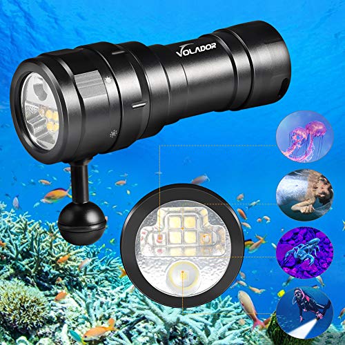 VOLADOR Linterna de Buceo, 3000 Lumen LED Antorcha de Buceo, 5 modos con Luz Roja y UV, 100M Impermeable Fotografía Video Antorcha, Video Submarino Luz de Relleno+ Rótula+ 26650 Baterías y Cargador