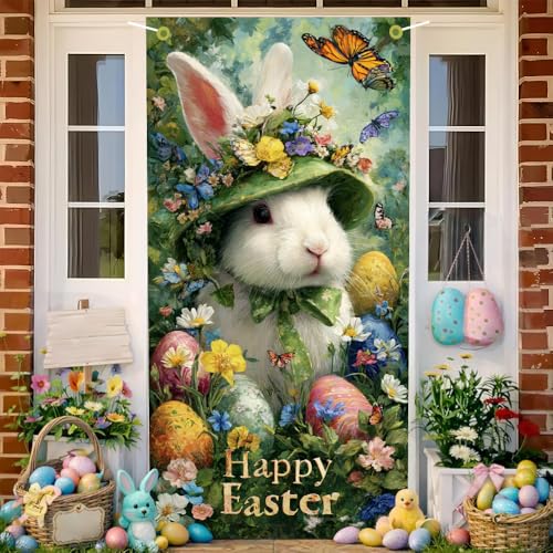 Image of Happy Easter Door Cover Bunny in Flower Hat Banner Spring Front Door Decorations Oil Painting Style Outside Party Home Decor 35.4x71 Inch