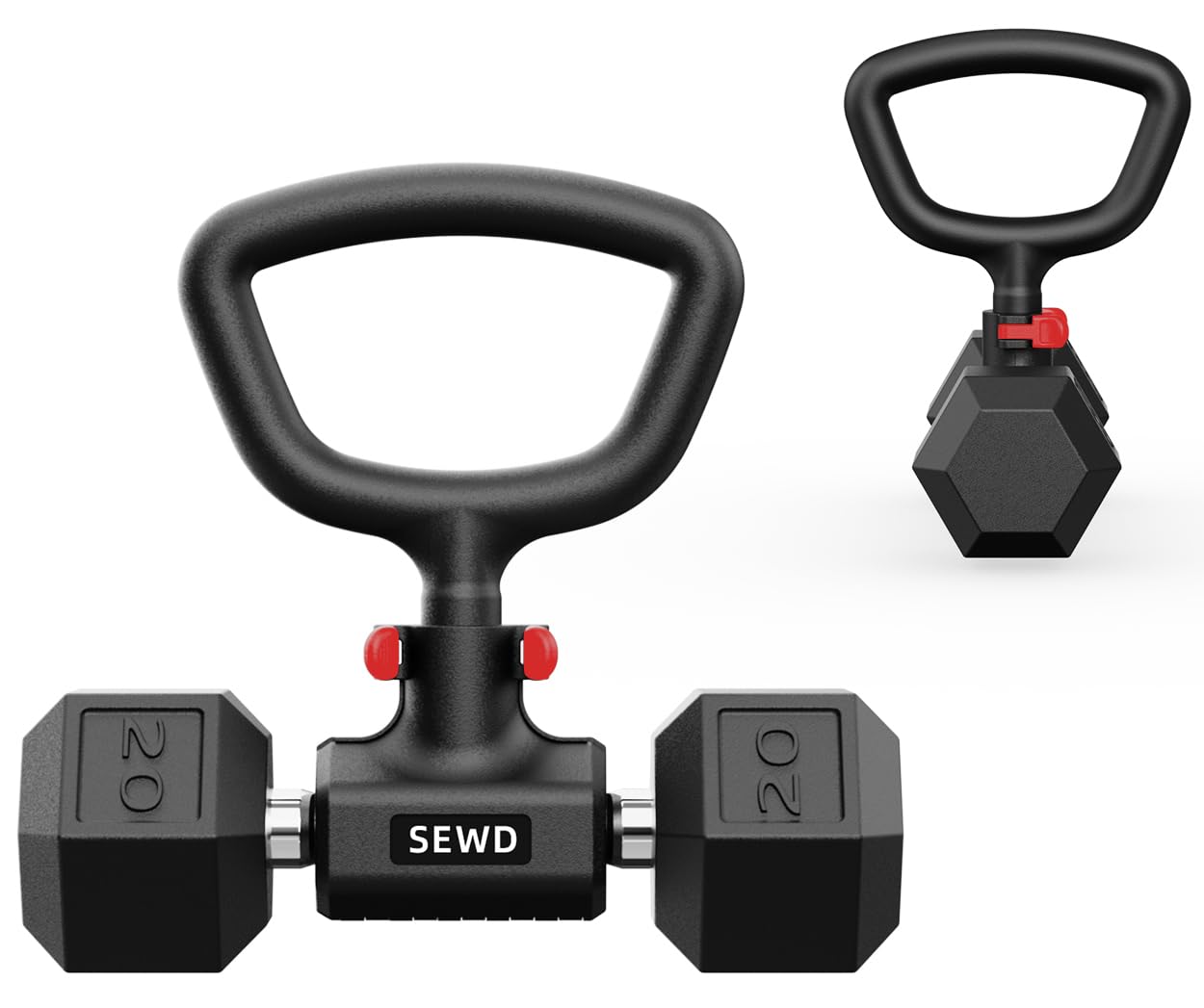 SEWD Dumbbell Kettlebell Converter - Turn Dumbbells into Kettlebell for Home Gym Workout - Adjustable Weights & Up to 110LB Capacity - 90-Degree Rotating Handle - Red
