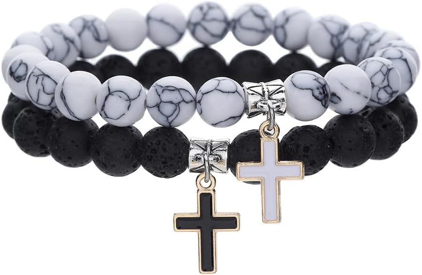 2 Pcs Set Matte Lava Rock Beaded Couple Bracelet Black White 8mm Howlite Volcanic Stone Matching Beads Elastic Cross Pendant Stretch Bracelets Religion Charm BFF Jewelry for Women Men