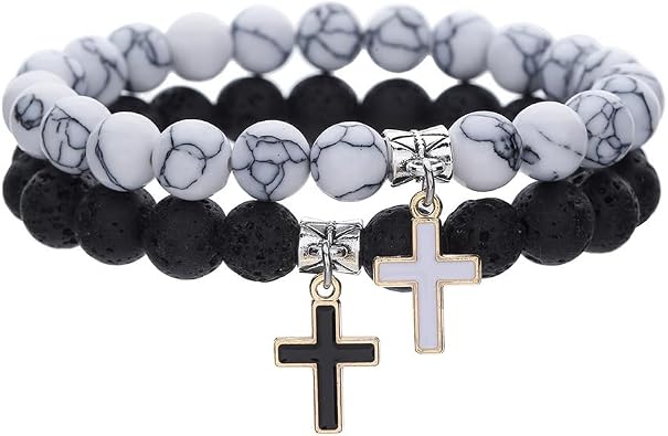 2 Pcs Set Matte Lava Rock Beaded Couple Bracelet Black White 8mm Howlite Volcanic Stone Matching Beads Elastic Cross Pendant Stretch Bracelets Religion Charm BFF Jewelry for Women Men