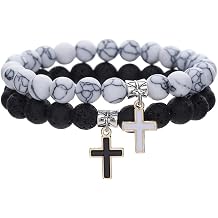 2 Pcs Set Matte Lava Rock Beaded Couple Bracelet Black White 8mm Howlite Volcanic Stone Matching Beads Elastic Cross Pendant Stretch Bracelets Religion Charm BFF Jewelry for Women Men