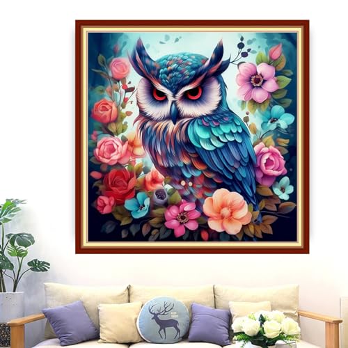 Image of Dimxvean Stamped Cross Stitch Kits,Cross Stitch Kits for Adults Beginners,Embroidery Kits Full Range of Cross Stitch Stamped Kits Needlepoint Kits Cross Stitch Patterns-Owl Flower 18x18 inch