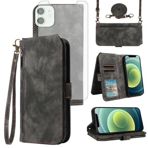 Coque iPhone 12 Pro et 12 Étui Portefeuille Asuwish avec Verre Trempé et Lanière