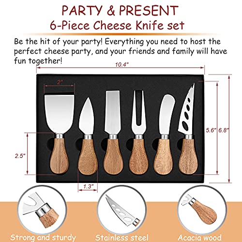 Cheese Knife Gift Set of 6 - Acacia Wood Handle Stainless Steel Cheese Knives Kit, Present for Cheese Lovers - Image 2