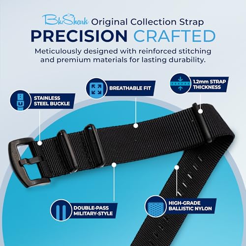 Image of BluShark - Original Collection Military-Style Waterproof Watch Strap, Fits All Timepiece Brands, Durable Nylon Wristwatch Accessories with Stainless Steel Buckle - 18mm, 20mm, 22mm & 24mm Watch Bands