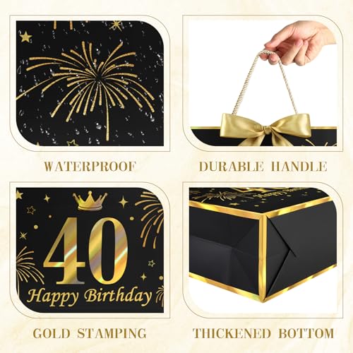 Image of JMANNI Black Gold 40th Birthday Gift Bag with Card and Tissue Paper, 12.6 inchx9.84 inchx3.9 inch Elegant Present Bag for Adults, 40 Year Old Birthday Keepsake Party Supplies