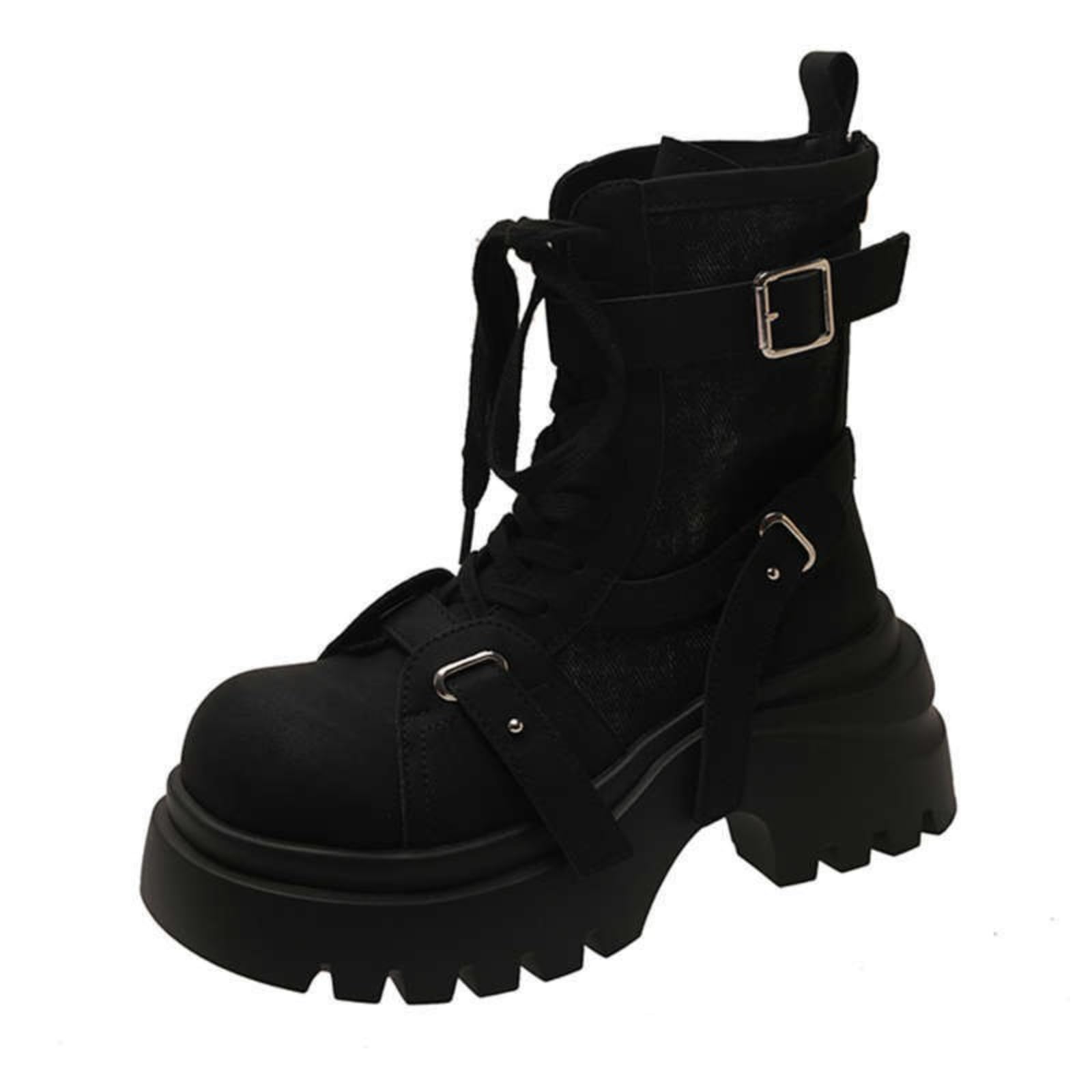 Womens Suede Lace-up Ankle Boots Classic Round Toe Platform Chunky With Buckle Comfortable Non-Slip Retro For Daily Outdoor