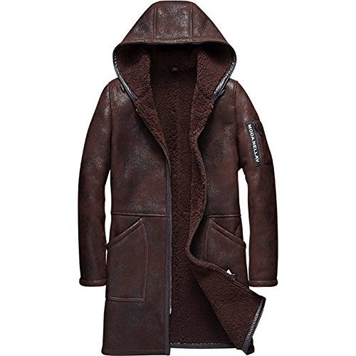 Denny&Dora Hooded Mens Shearling Coat Mens Fur Coat Long Style Business Casual Sheepskin Leather Jacket (Brown, XL)