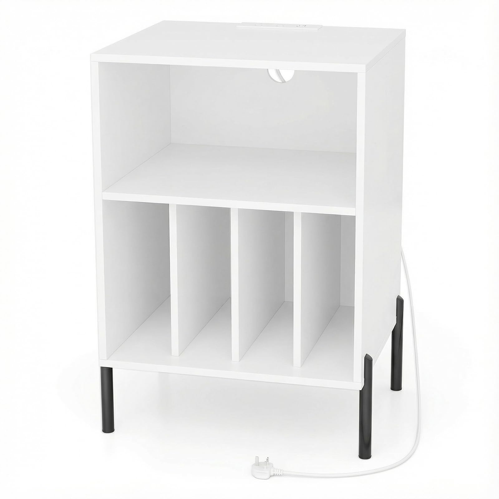 CASART Record Player Stand, Turntable Stand with Charging Station, Metal Legs & Cable Hole, Vinyl Record Storage Cabinet Holds up to 150 Albums End Table for Living Room Bedroom (White)