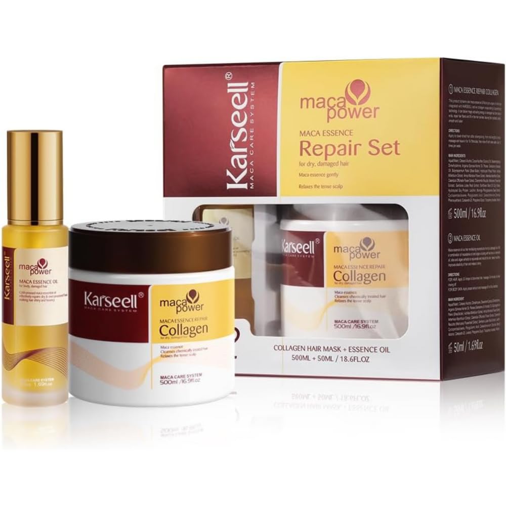 Karseell MACA CARE SYSTEM Maska Kolagenowa Serum Olejek Arganowy Włosy Suche Zniszczone Farbowane Puszące Nawilżenie Blask Regeneracja Wzmocnienie Do Wszystkich Rodzajów Włosów 500ml+50ml