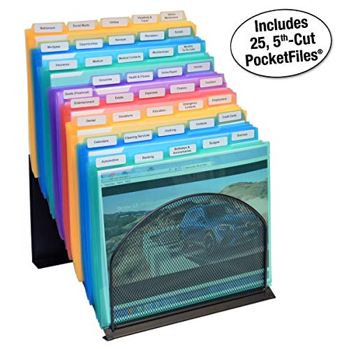 Ultimate Office 8 Section High Capacity Black Wire Mesh Inclined Desktop Organizer, StepUp File Sorter Rack Includes 25, 5th-Cut PocketFile Clear Poly Document Folder Project Pockets