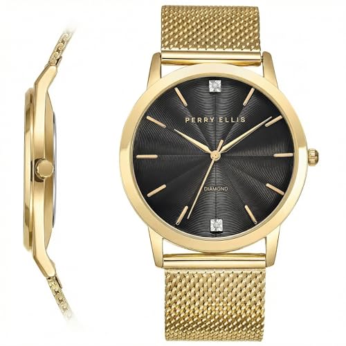Montre Homme Slim Diamond Perry Ellis Cadeau Idéal Cadran Rond Noir Bracelet Maille Or